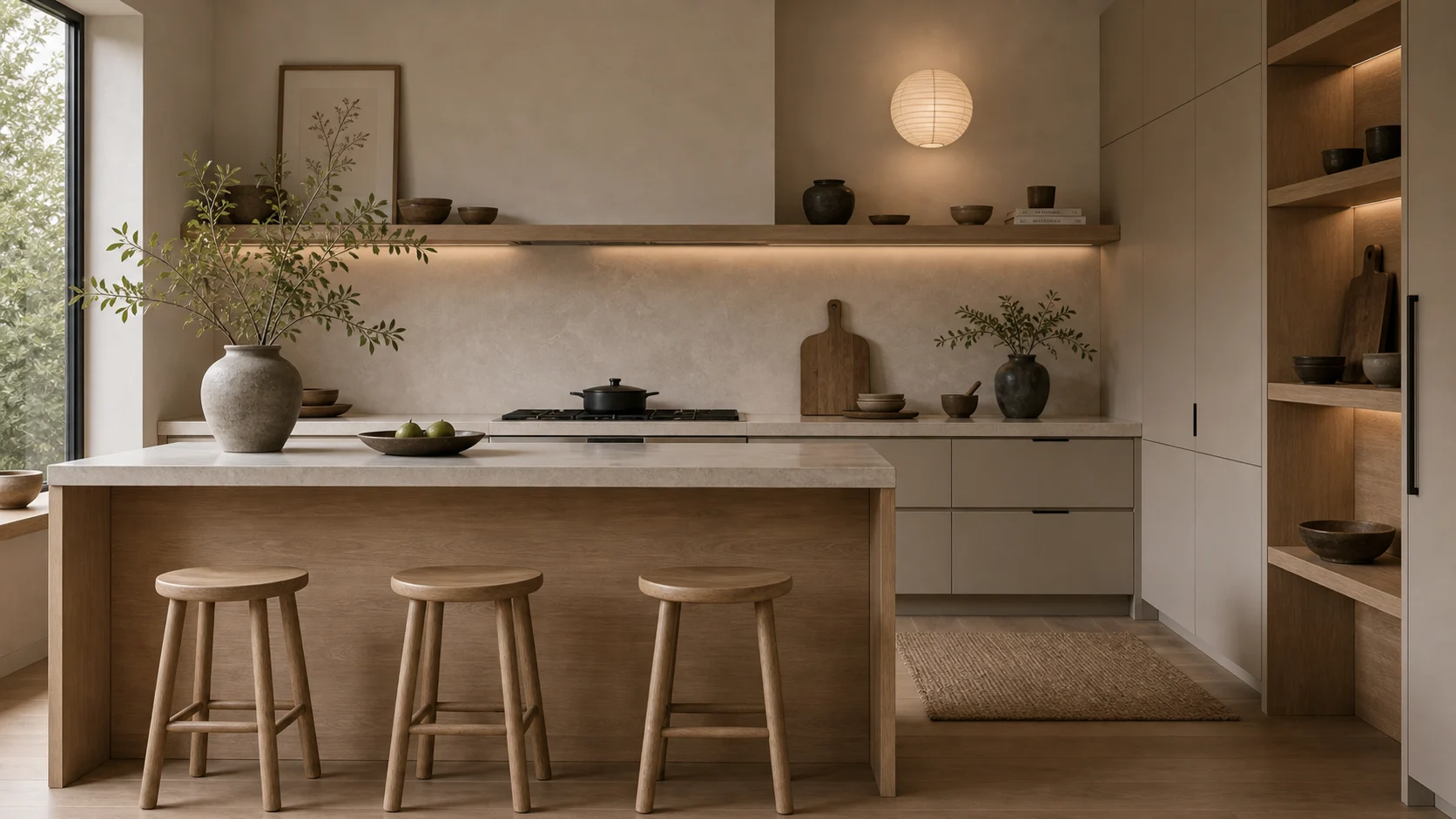 Pale oak layer in a Japandi kitchen