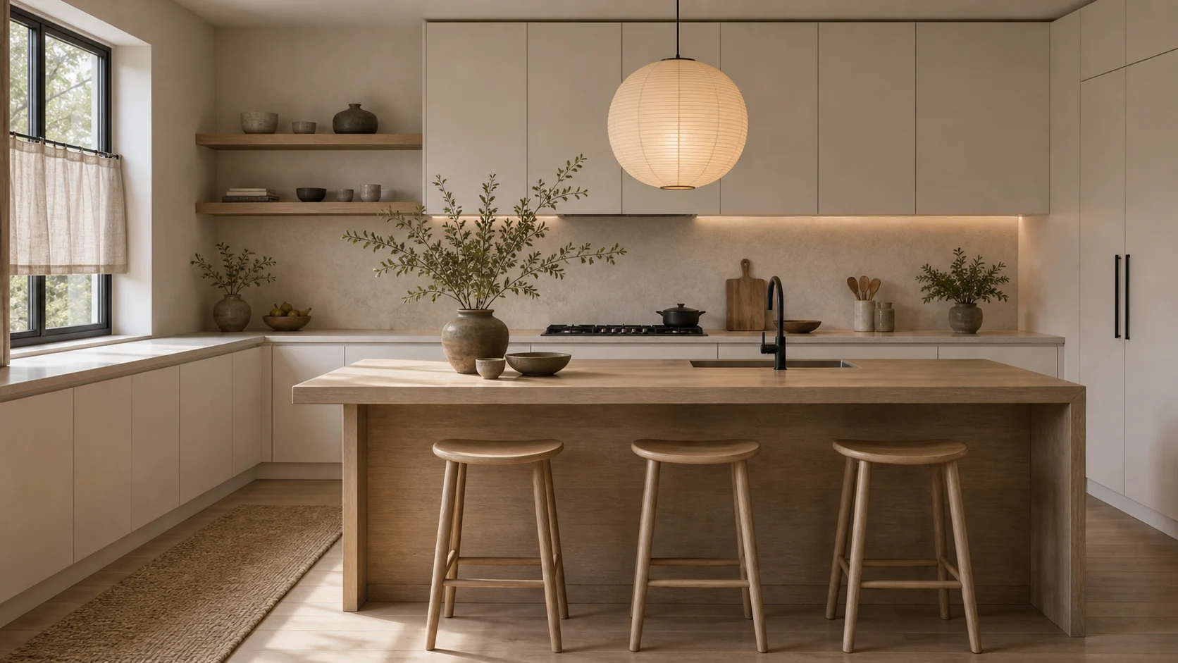 Japandi kitchen with soft diffused light