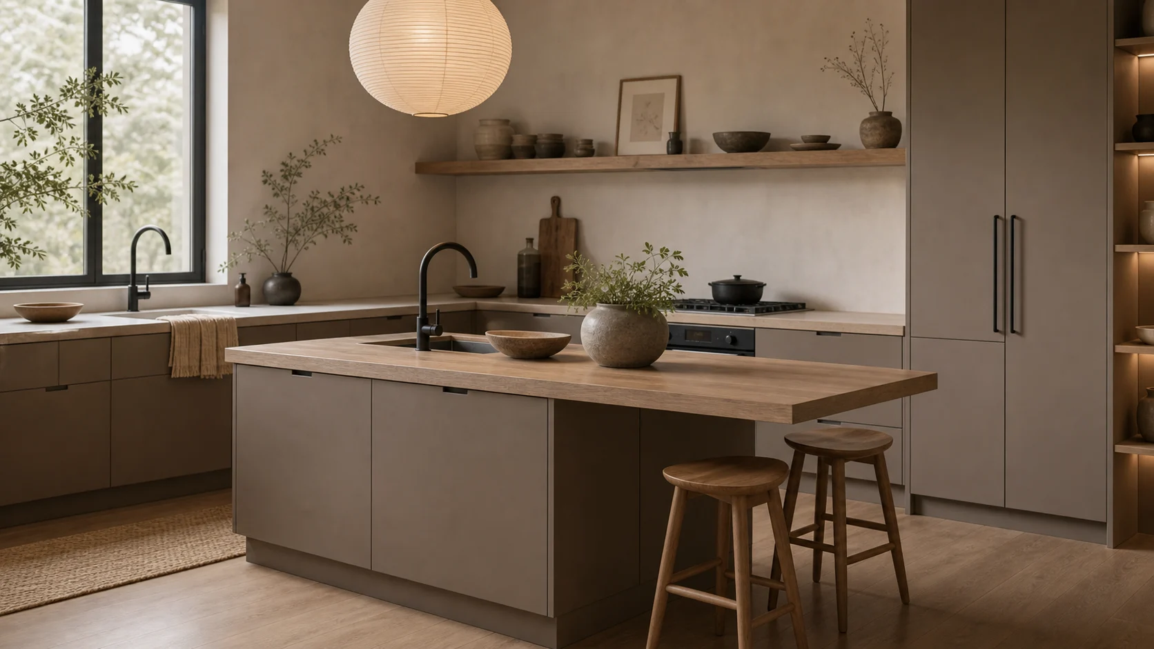 Japandi kitchen with warm neutral cabinets and pale wood