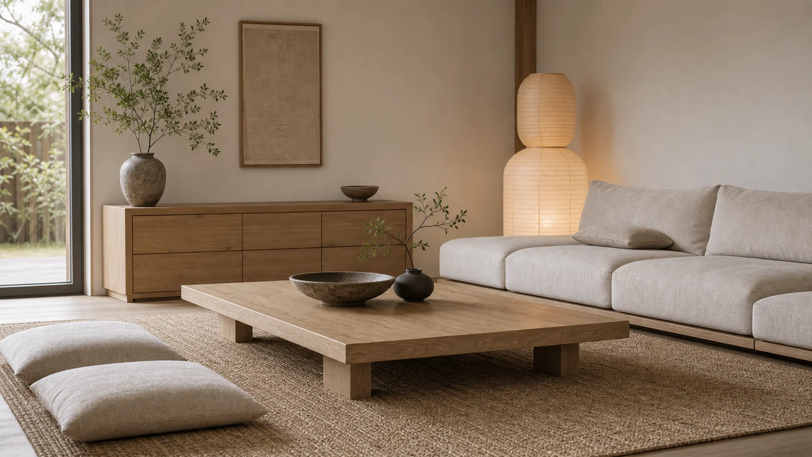 Low oak table anchoring a Japandi living room