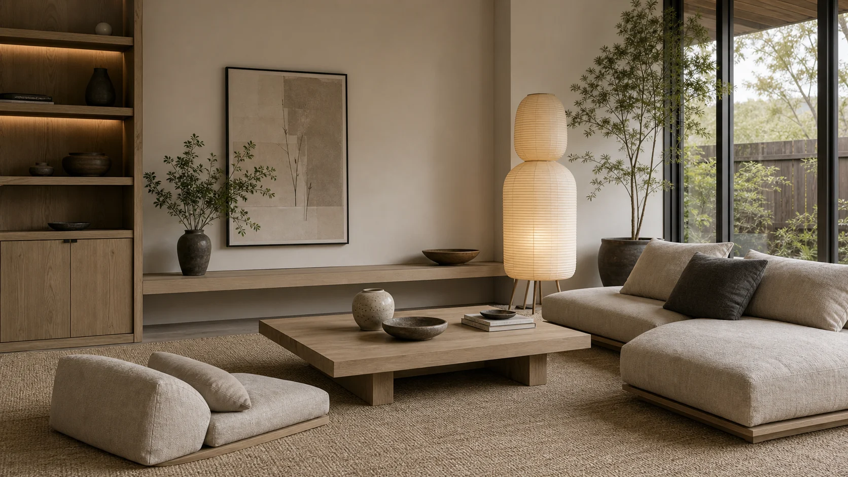 Japandi living room with low furniture and pale wood