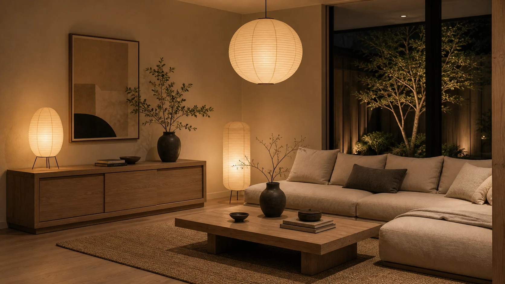 Soft evening paper light in a Japandi living room