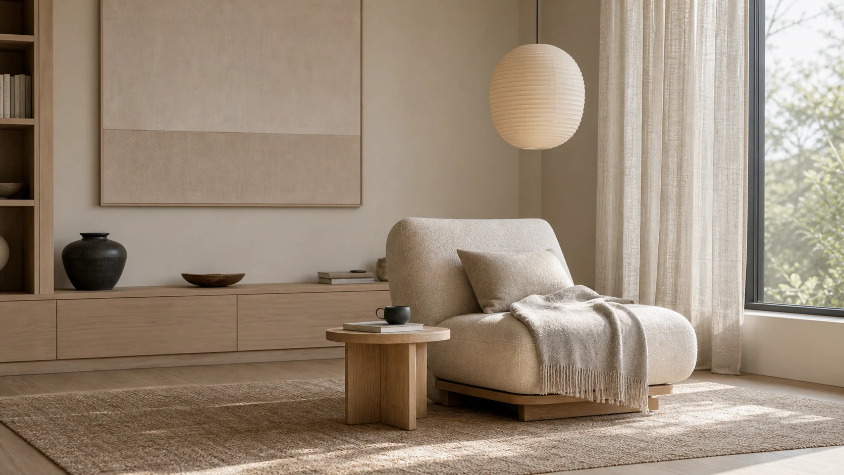 Japandi reading corner with paper light