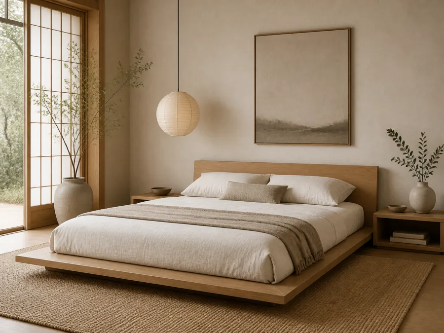 Low platform bed for Japandi interior design
