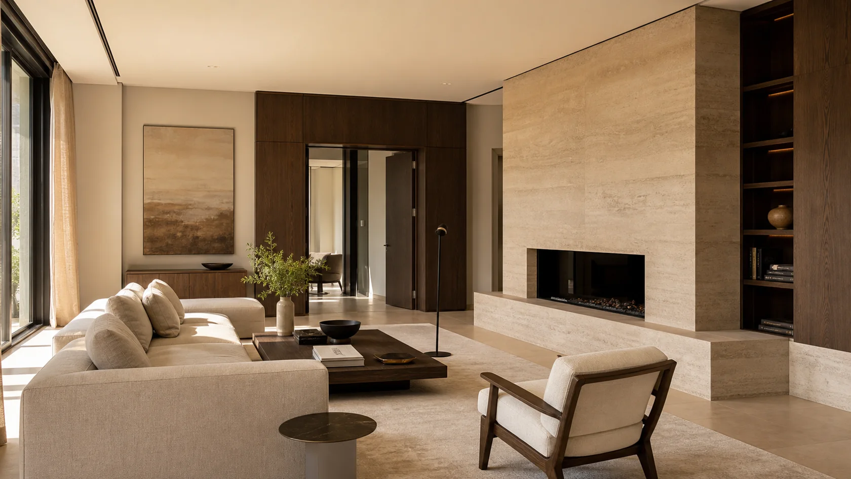 Travertine Hearth Luxe Modern Living Room