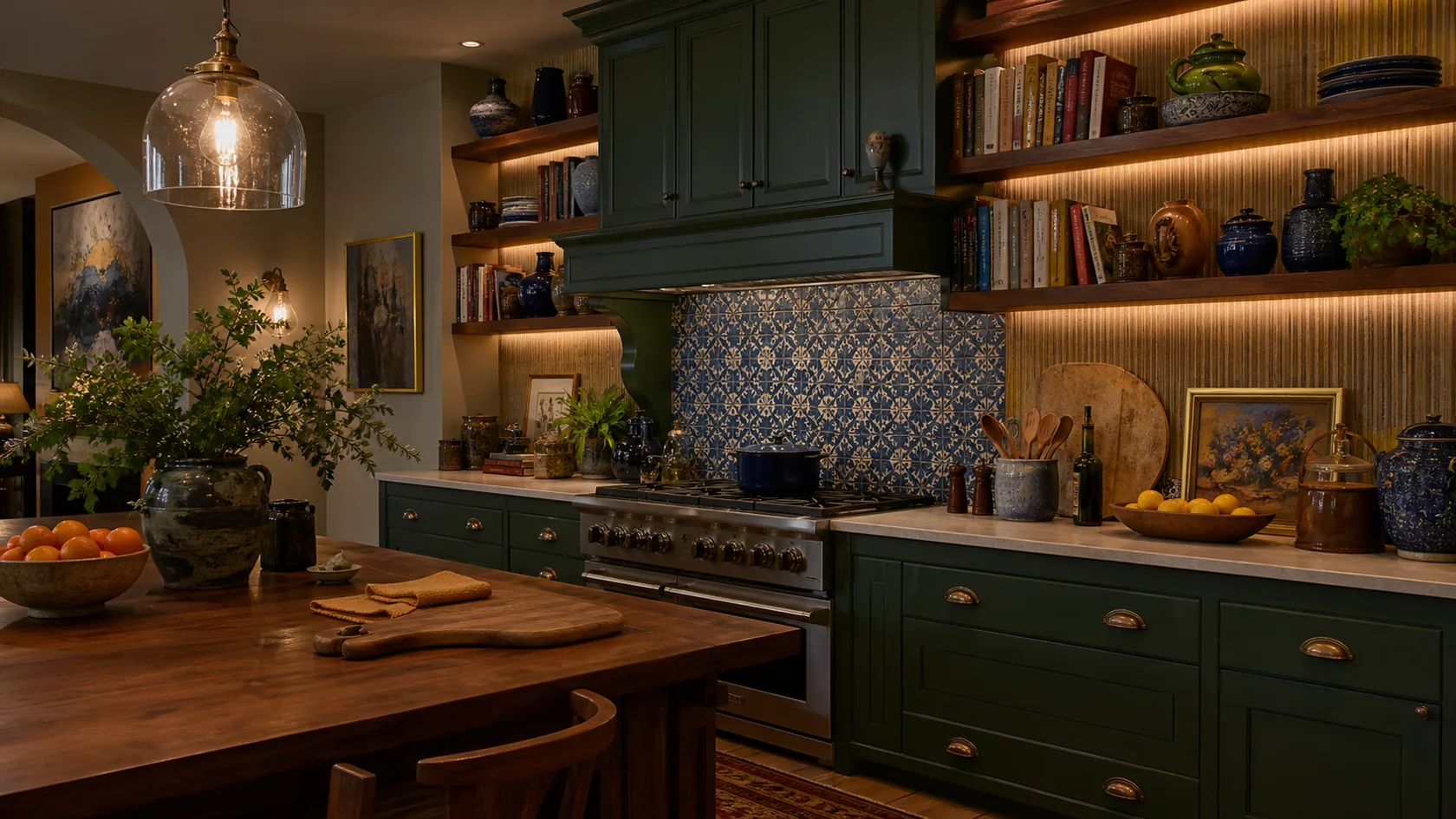 Evening Shelves Maximalist Kitchen