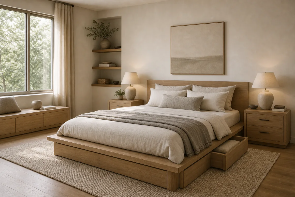 Minimalist bedroom with warm neutral bedding and clear surfaces