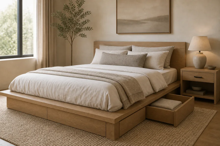 Platform storage bed for minimalist bedroom