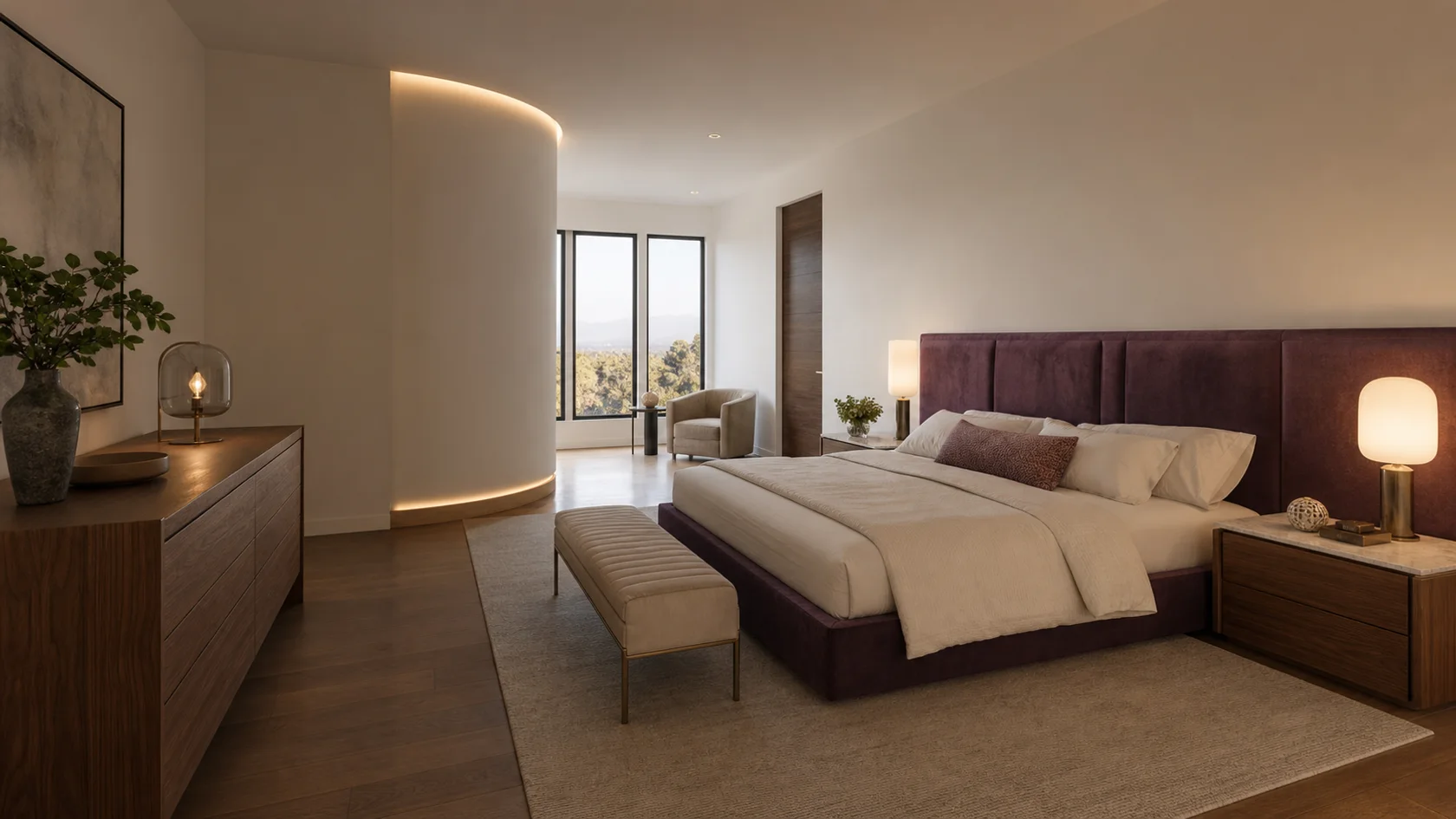 Plum Accent Modern Glam Bedroom