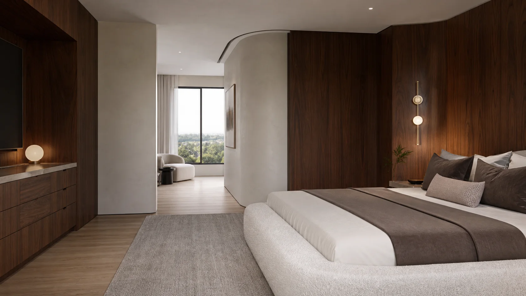 Walnut And Boucle Modern Glam Bedroom