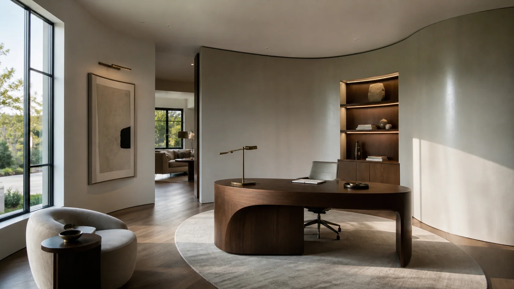Curved Walnut Desk Modern Glam Home Office