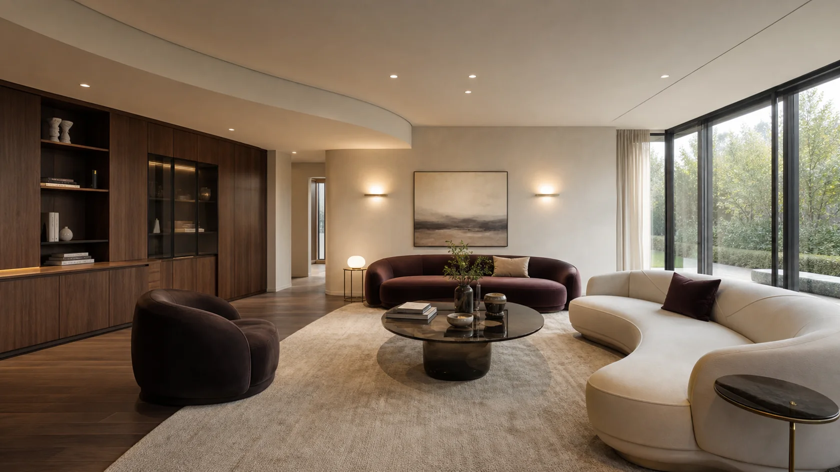 Walnut Smoked Glass Modern Glam Living Room