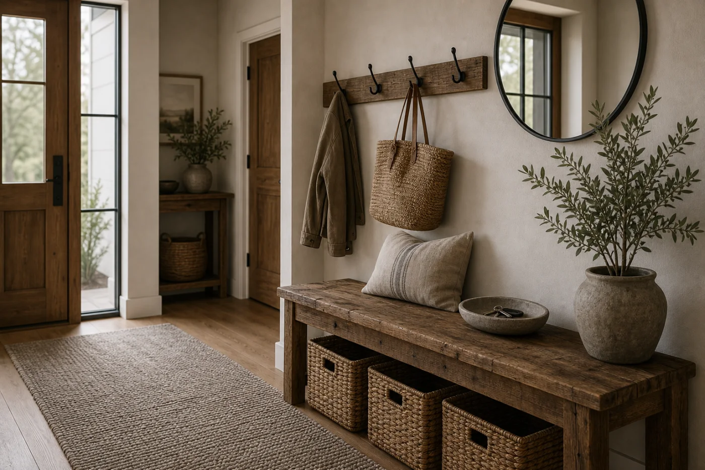 Wood bench entry Modern Rustic Entryway & Hallway