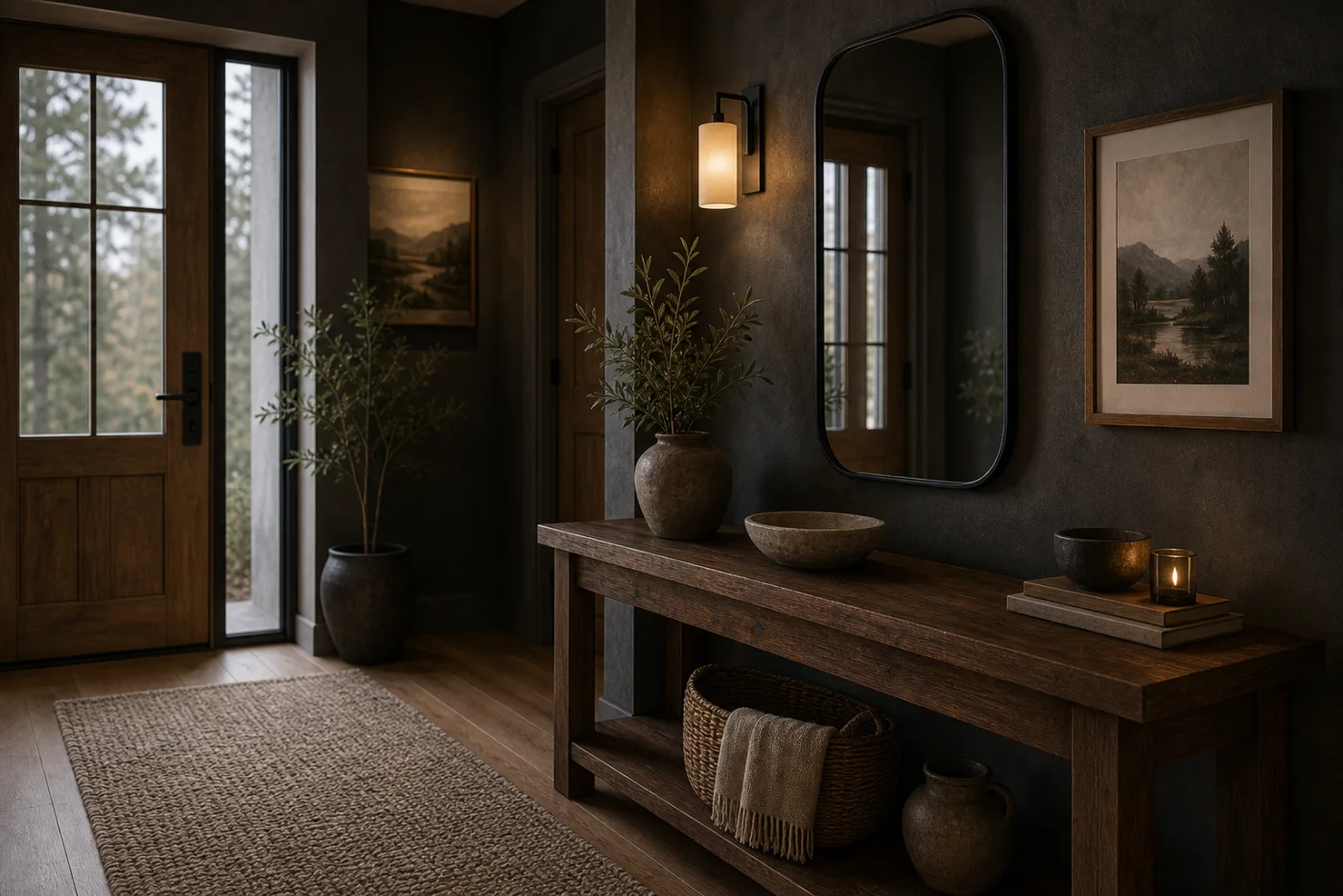 Moody console entry Modern Rustic Entryway & Hallway