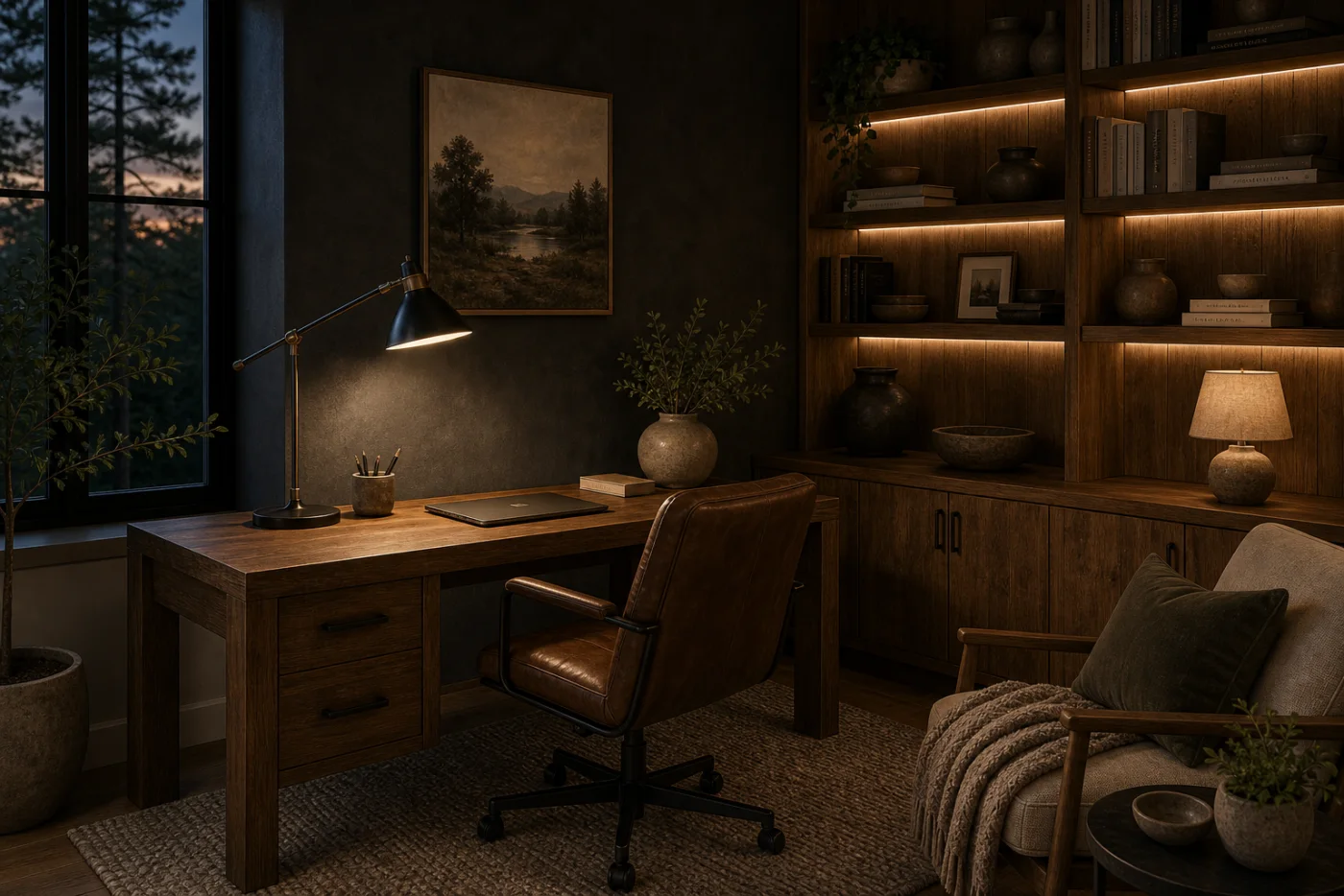 Moody evening study Modern Rustic Home Office