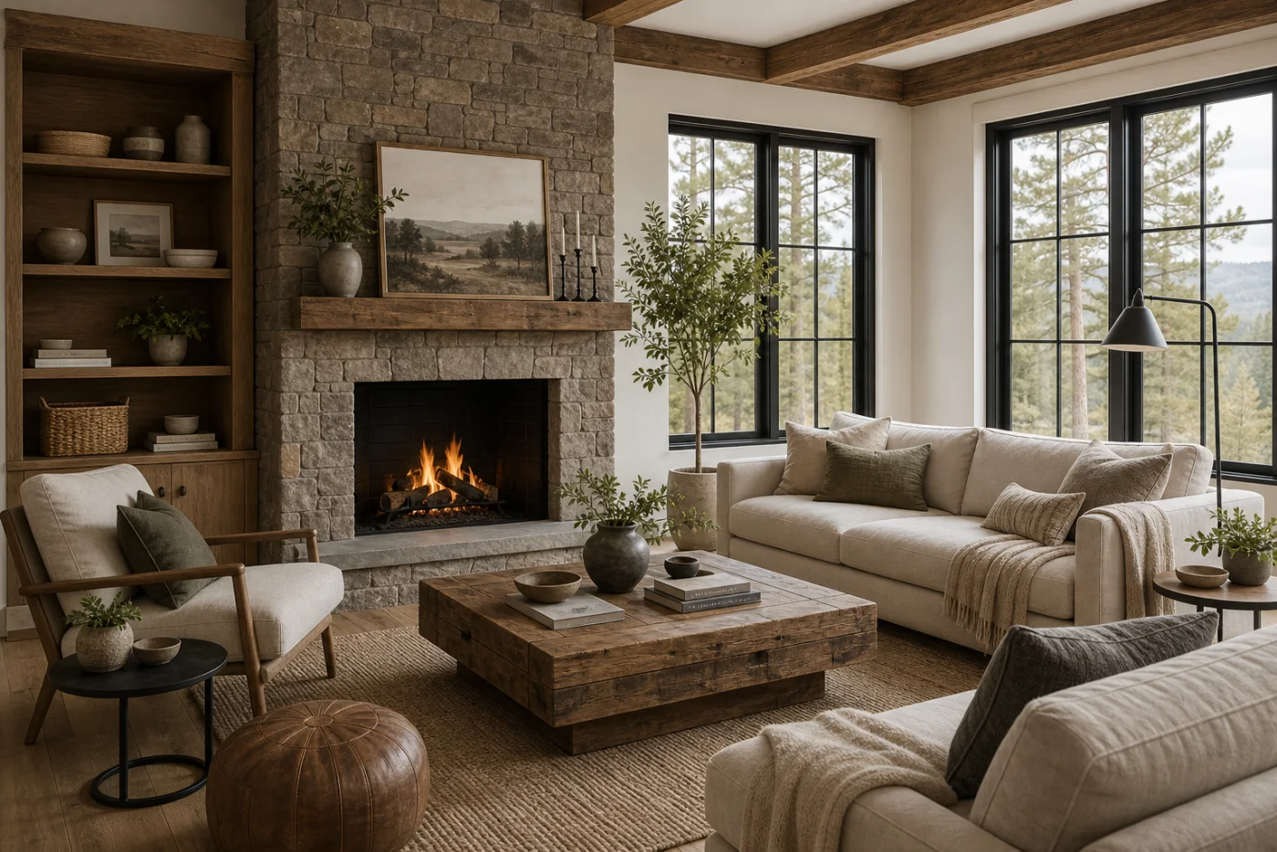 Stone fireplace anchor Modern Rustic Living Room