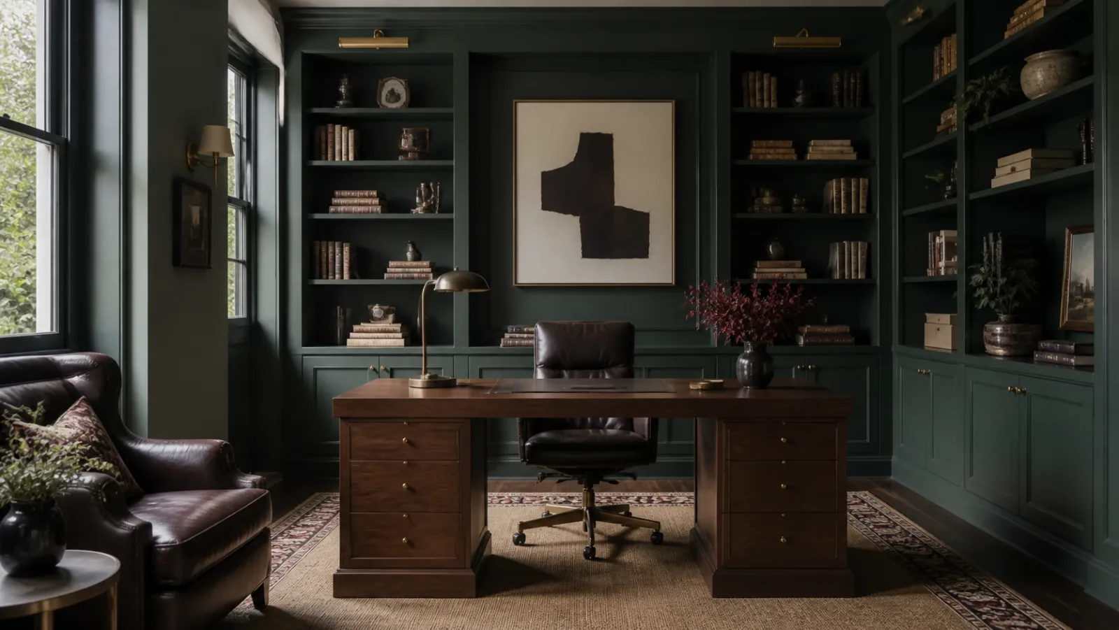 Dark Green Library Neo-Traditional Home Office
