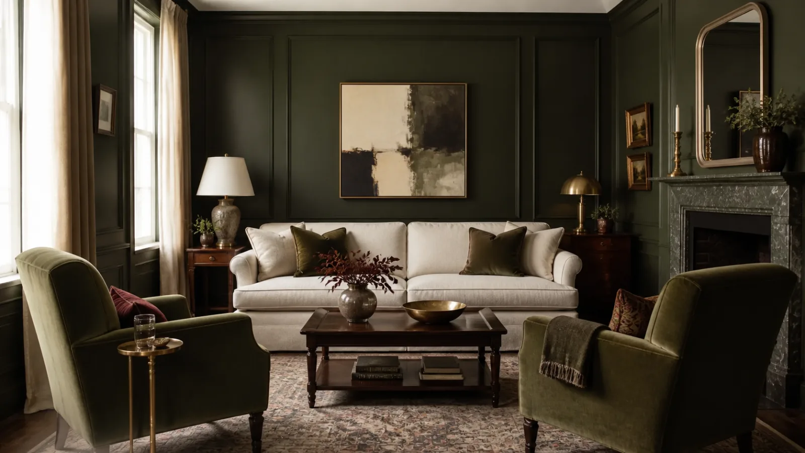 Olive Velvet Neo-Traditional Living Room