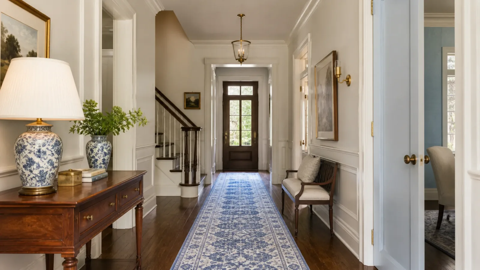 Blue White Runner New Traditional Entryway & Hallway