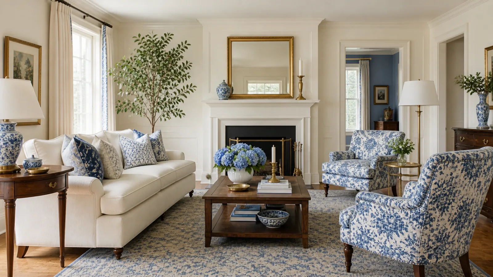 Blue White Salon New Traditional Living Room