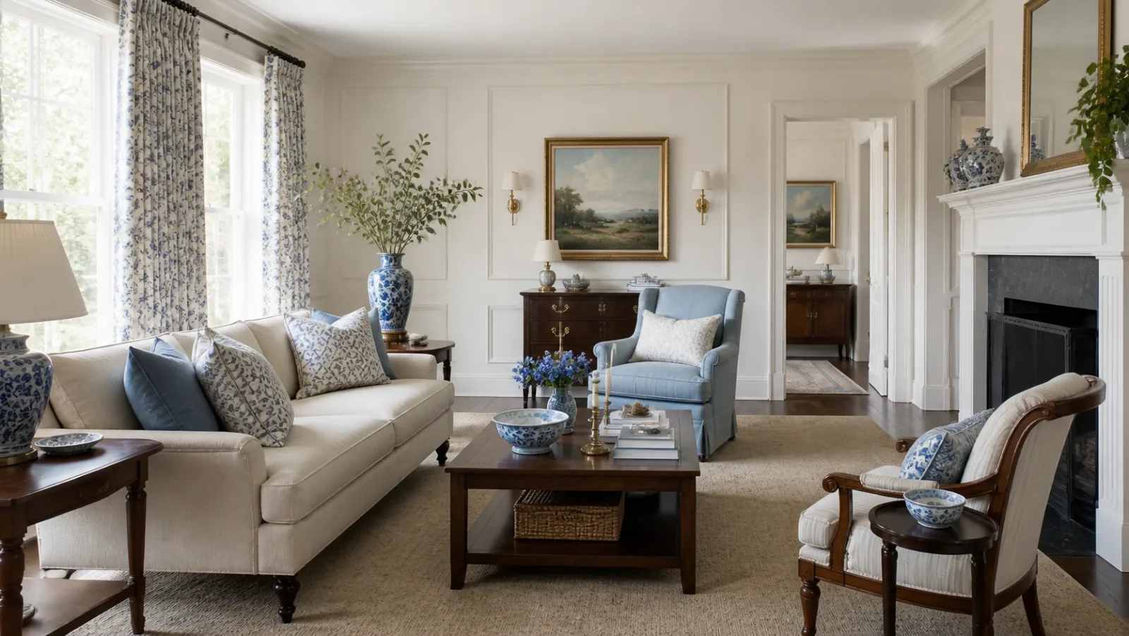 Patterned Curtains New Traditional Living Room
