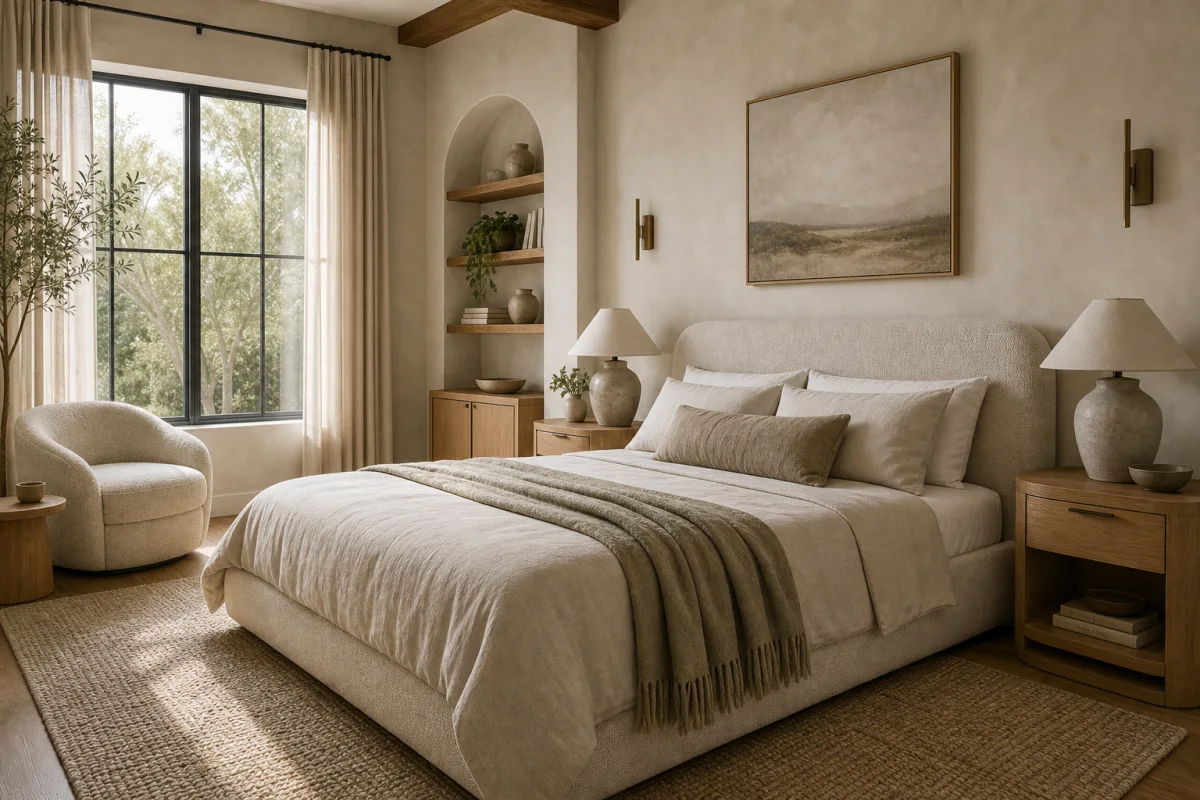 Organic modern bedroom with warm neutral palette