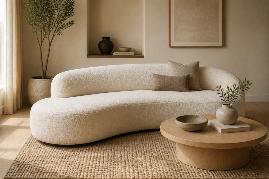 Curved boucle sofa for organic modern living room