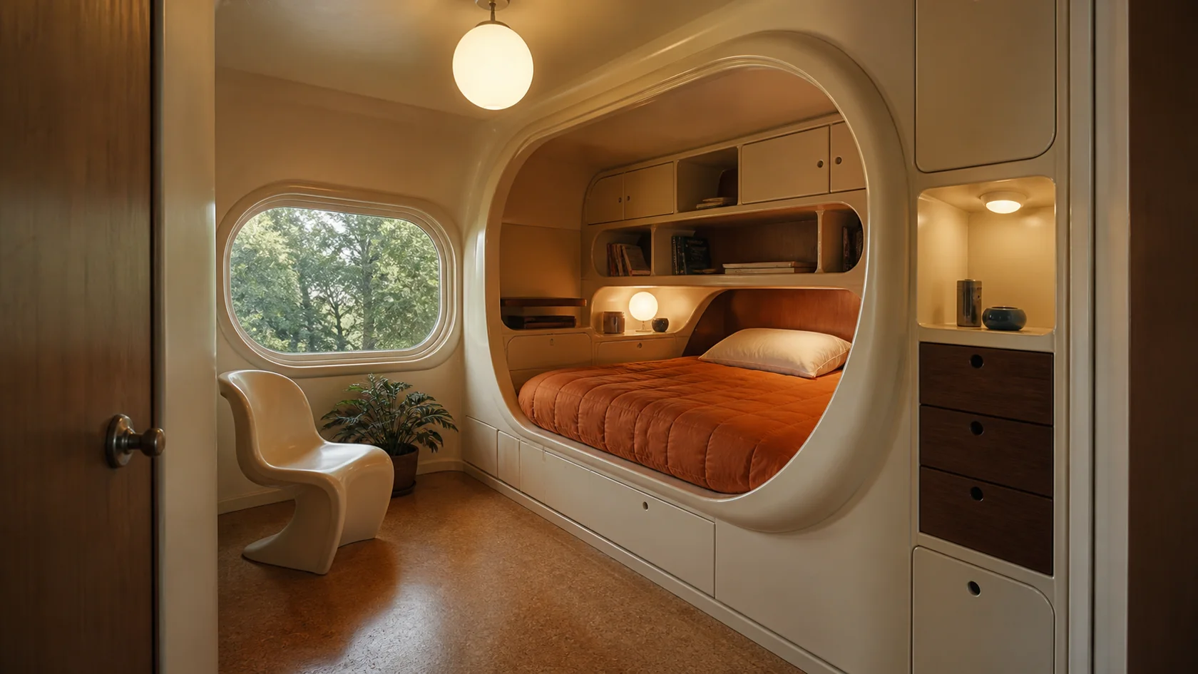Compact Capsule Retrofuturism Bedroom