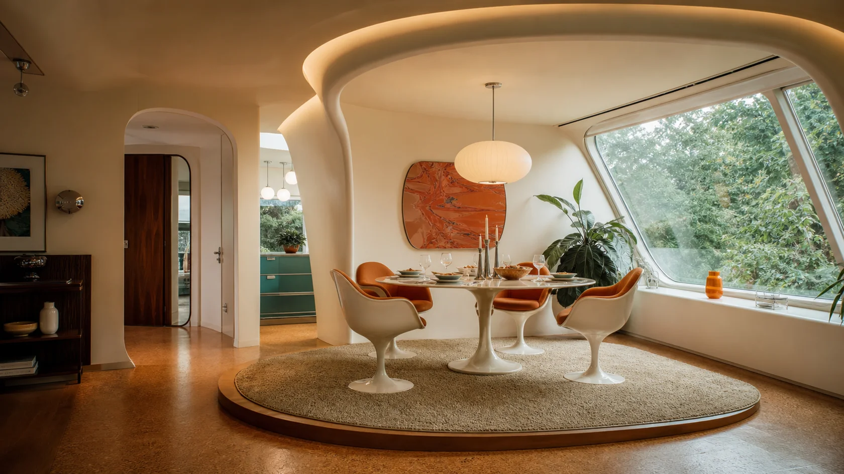 Compact Open Plan Retrofuturism Dining Room