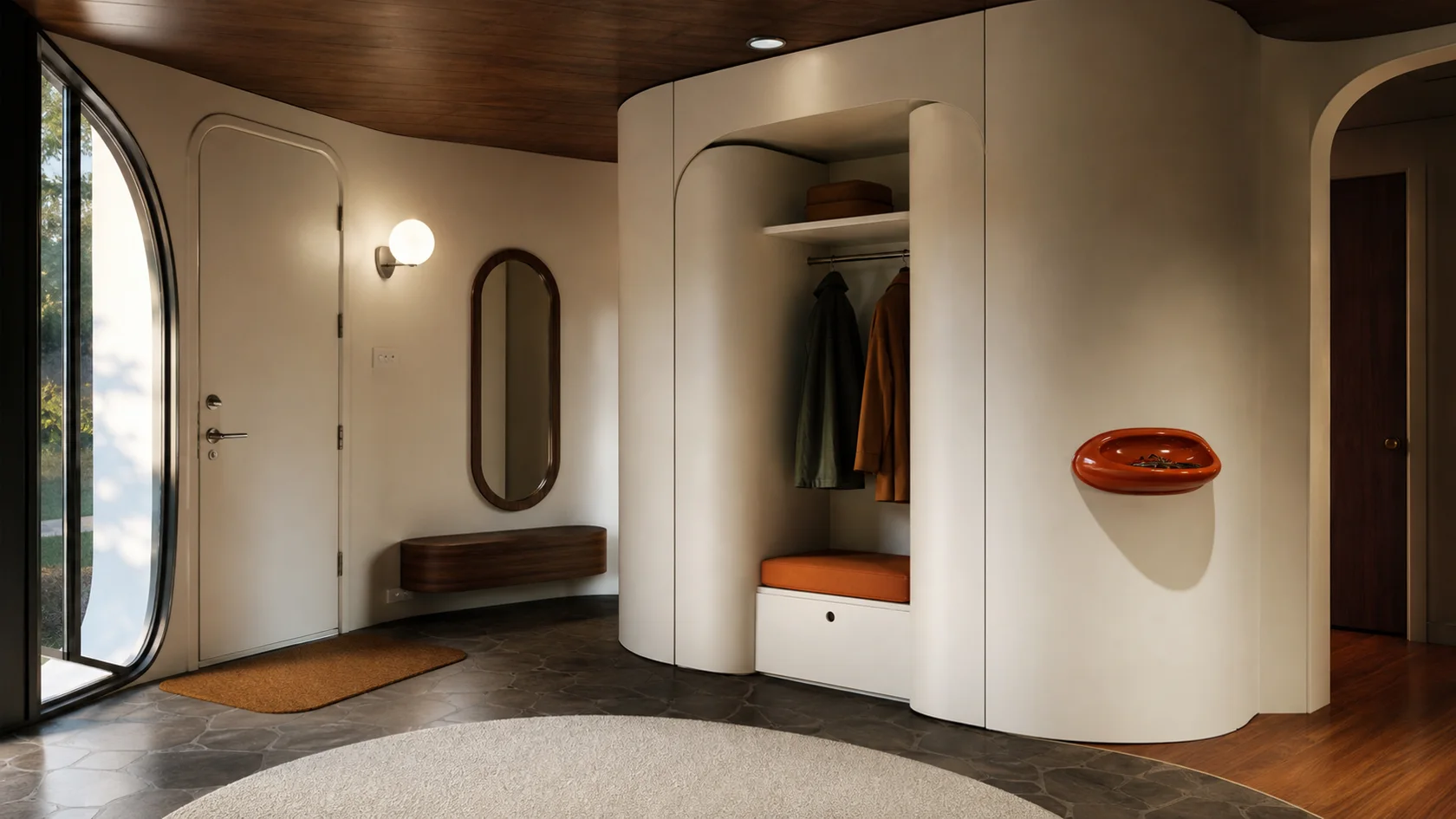 Curved Storage Retrofuturism Entryway & Hallway