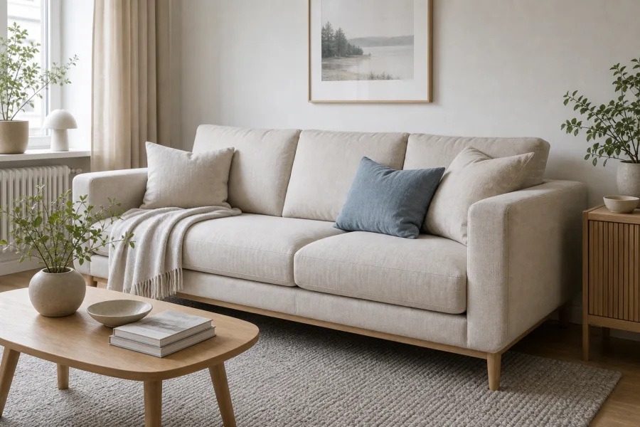 Light linen sofa for Scandinavian living room