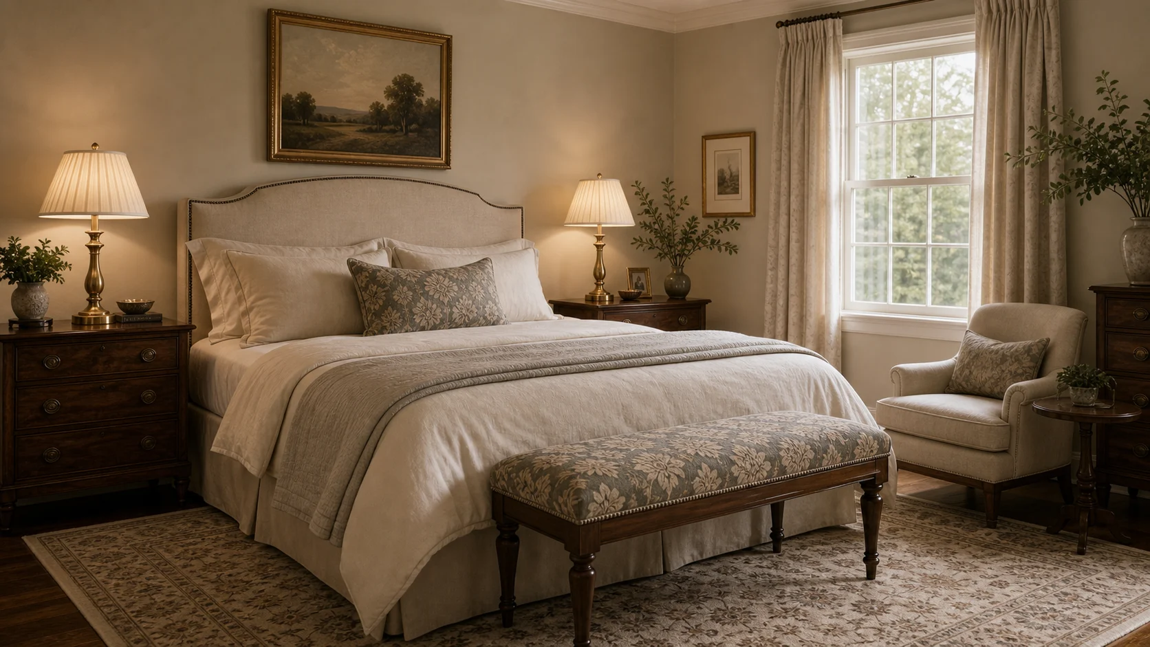 Damask textile detail in a traditional bedroom