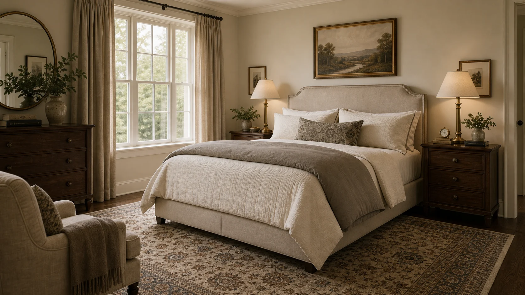 Traditional bedroom with upholstered bed and warm textiles