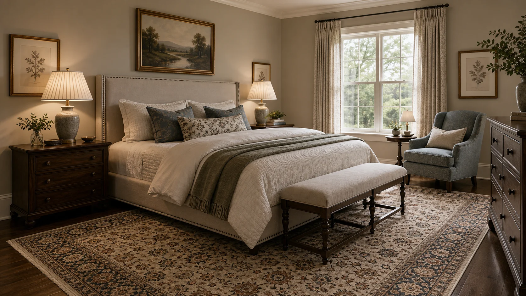 Patterned rug layered under a traditional bedroom