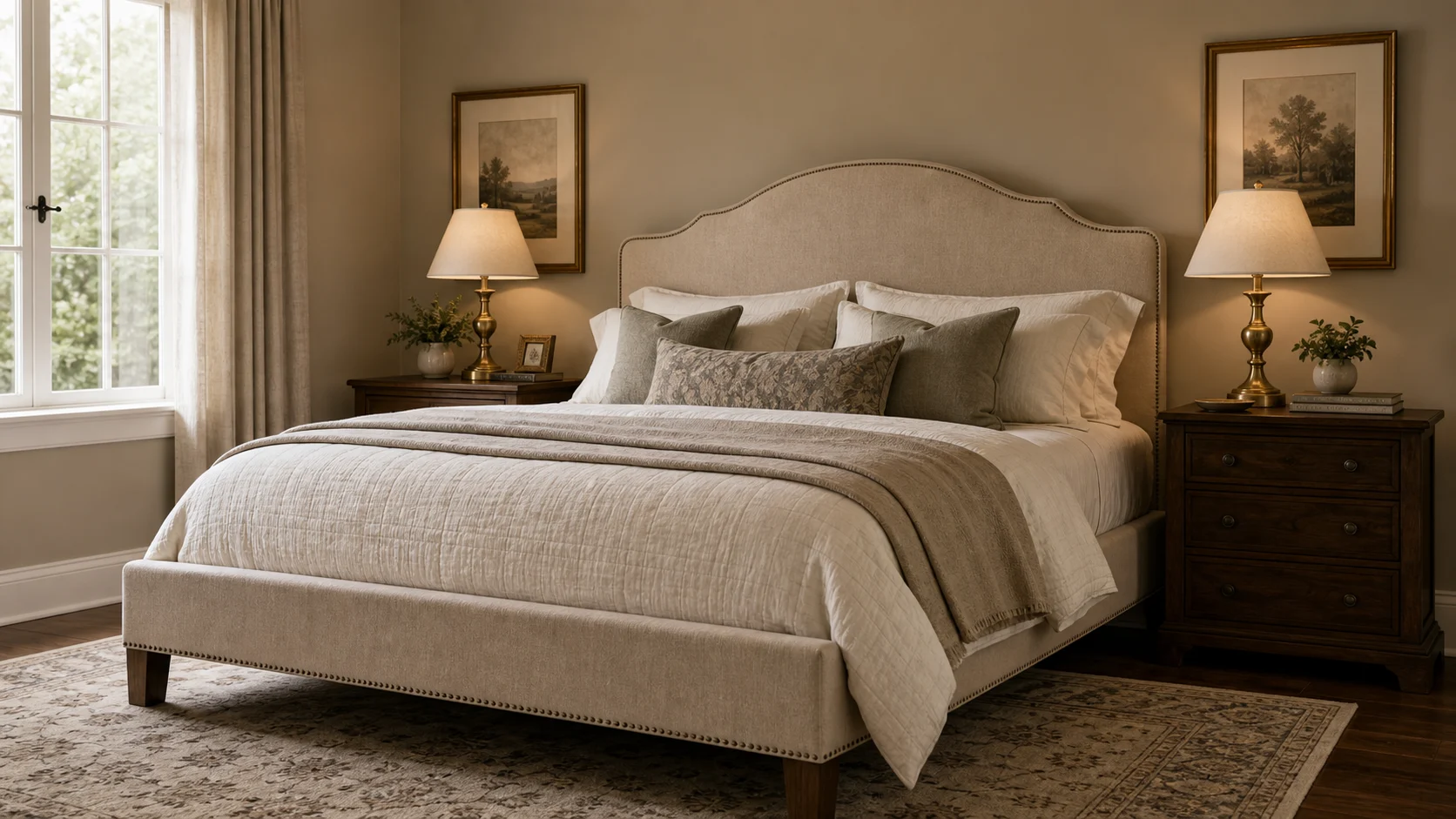 Traditional bedroom focused on an upholstered bed