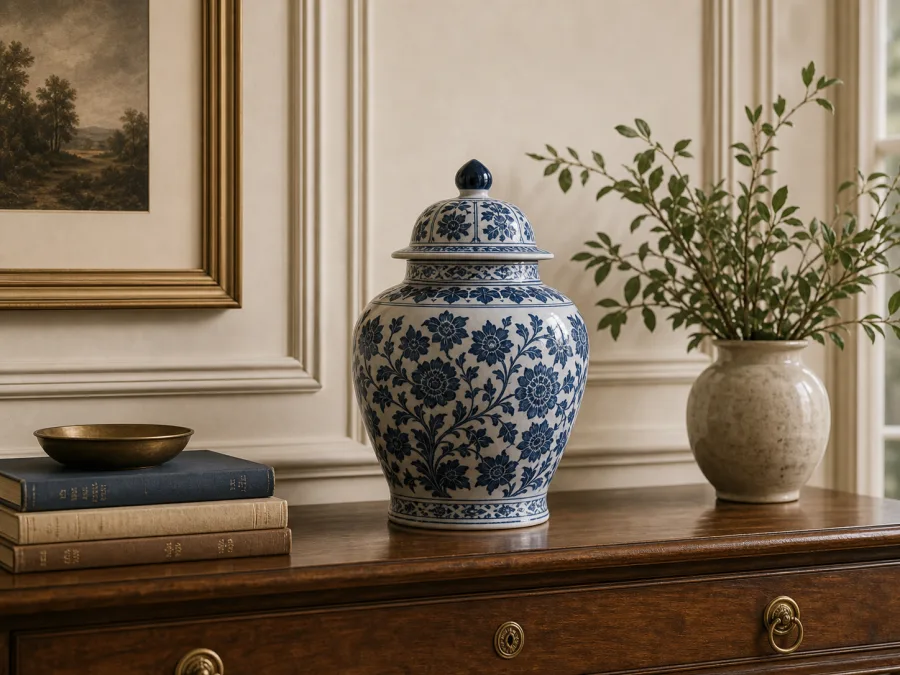 Blue and white ceramic jar for Traditional interior design