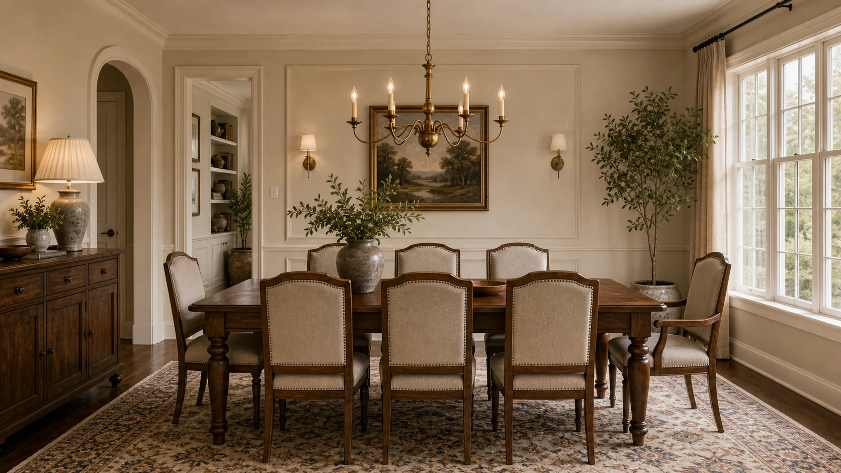 Traditional dining room with wood table and classic lighting