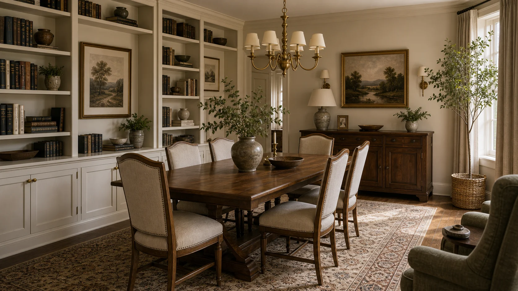 Traditional dining room with library storage