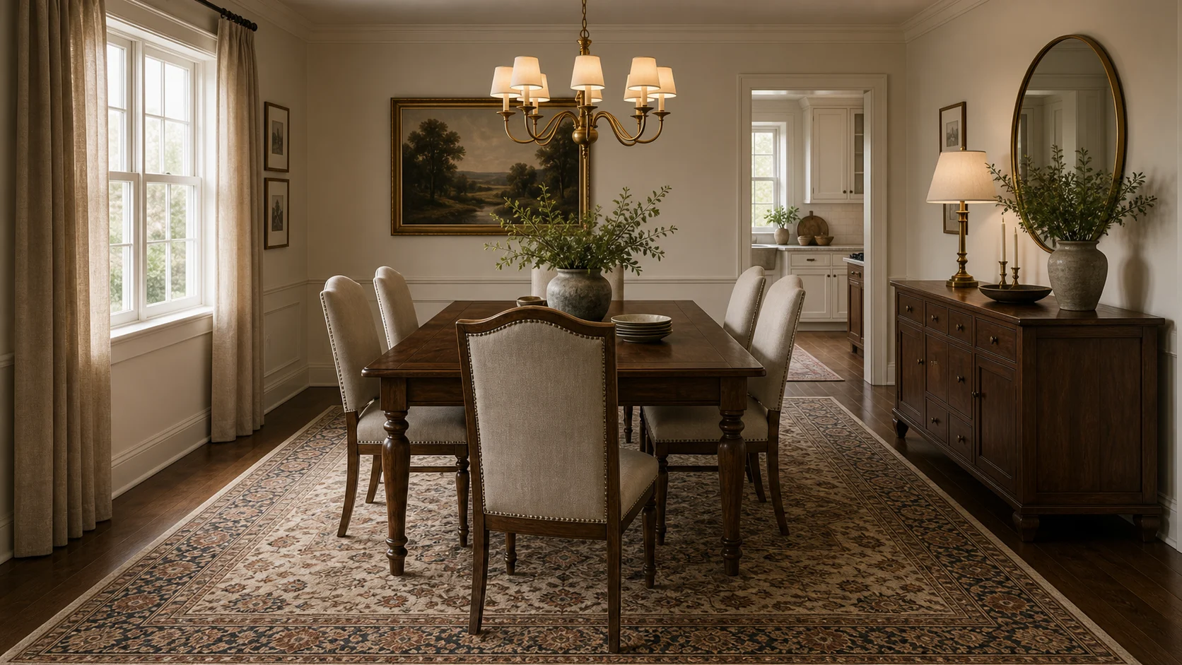 Patterned rug for traditional dining room
