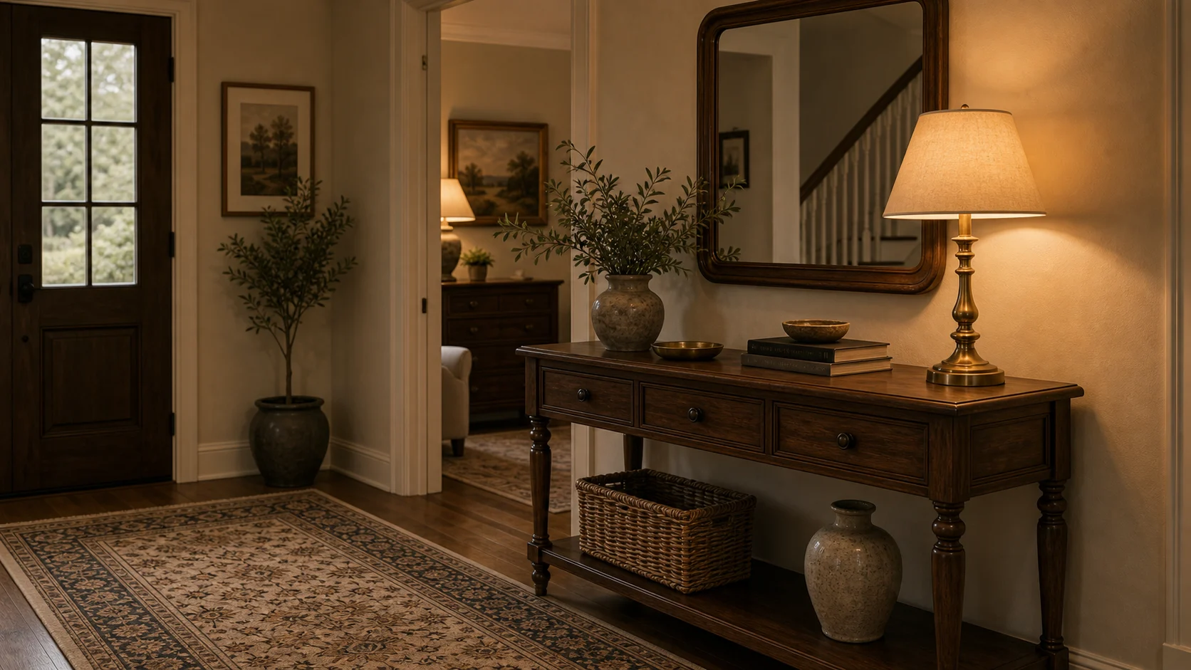 Brass lamp for traditional entryway console