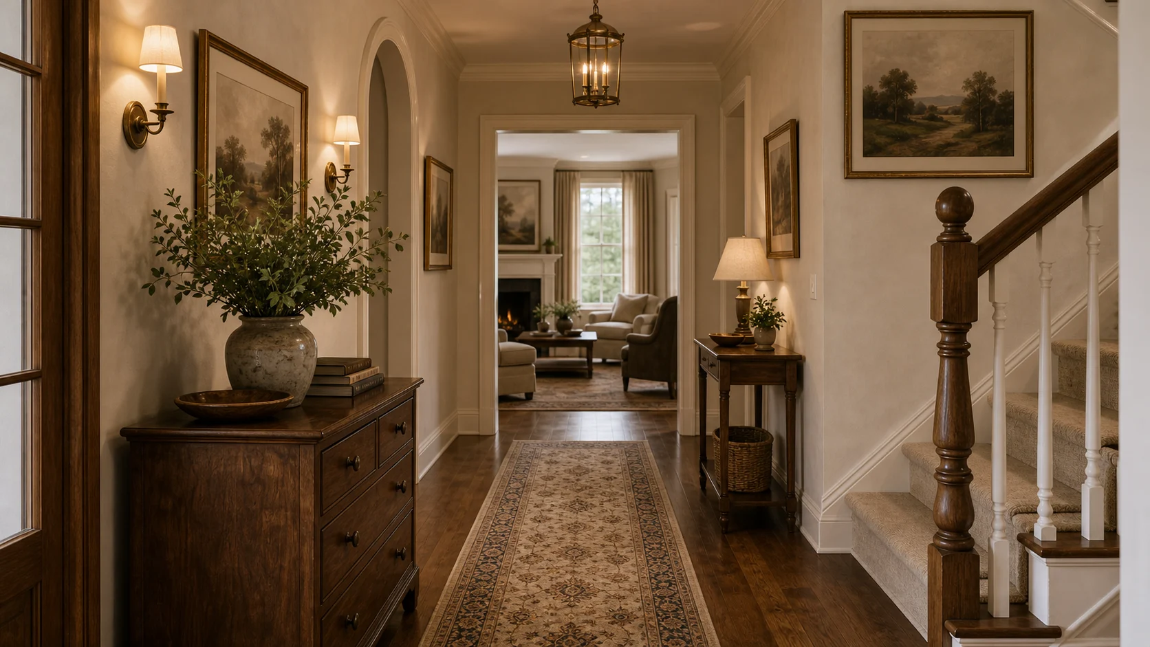 Traditional hallway with warm wood and art