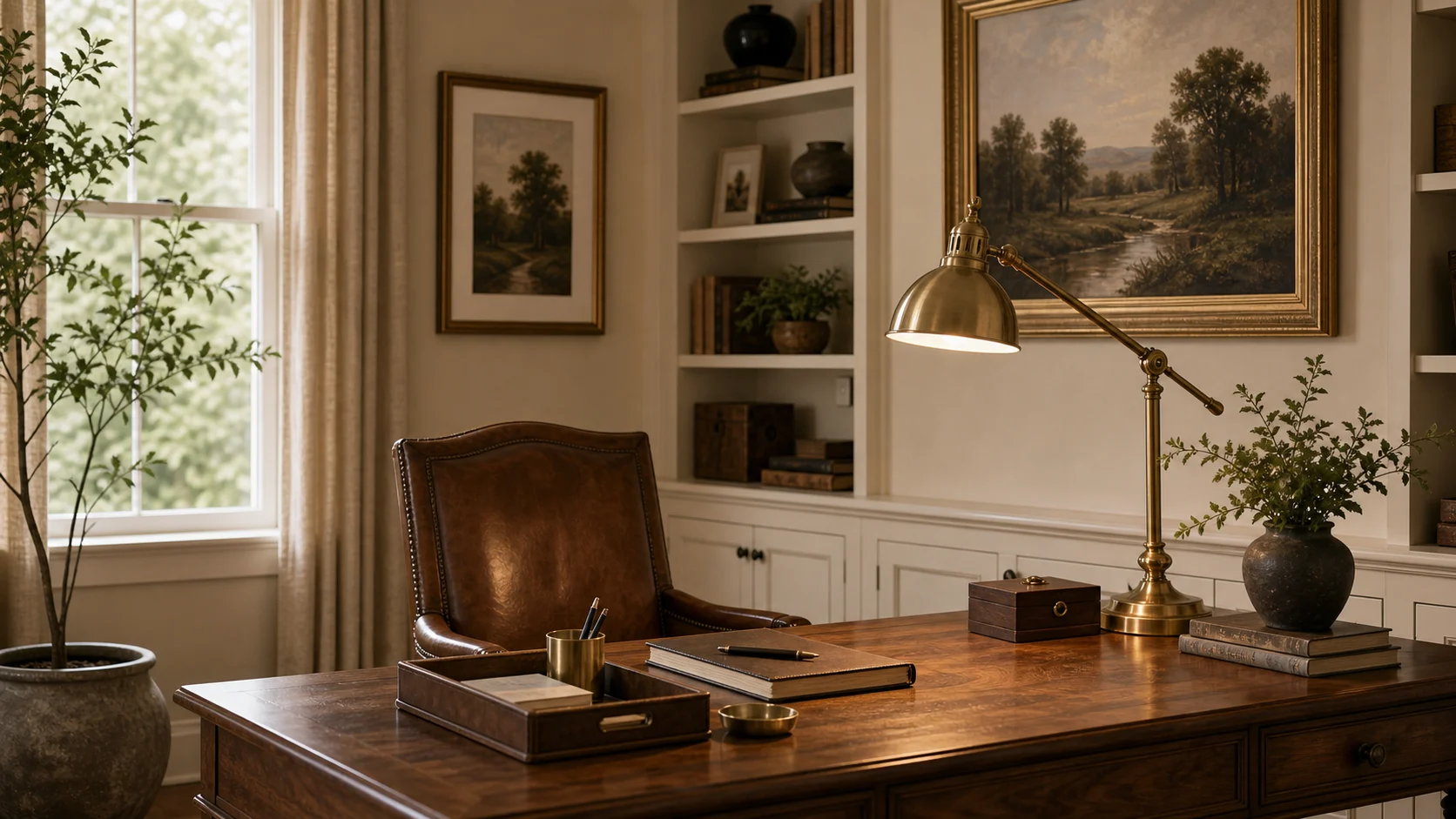 Brass task light on a traditional office desk