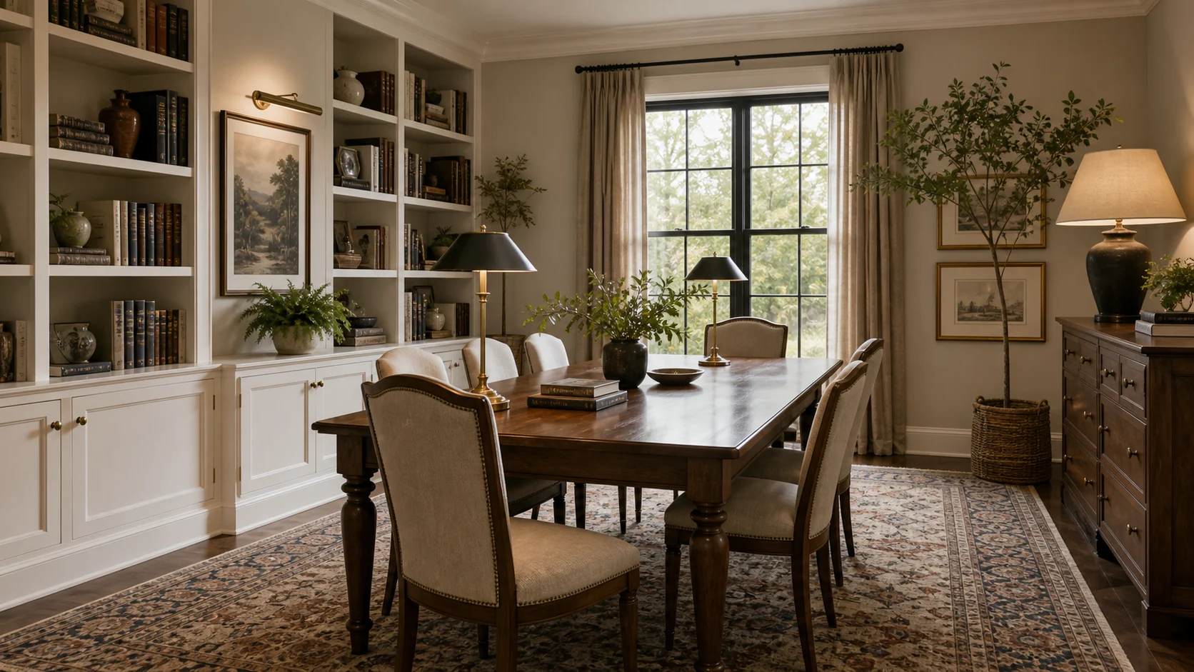 Traditional library dining hybrid workspace