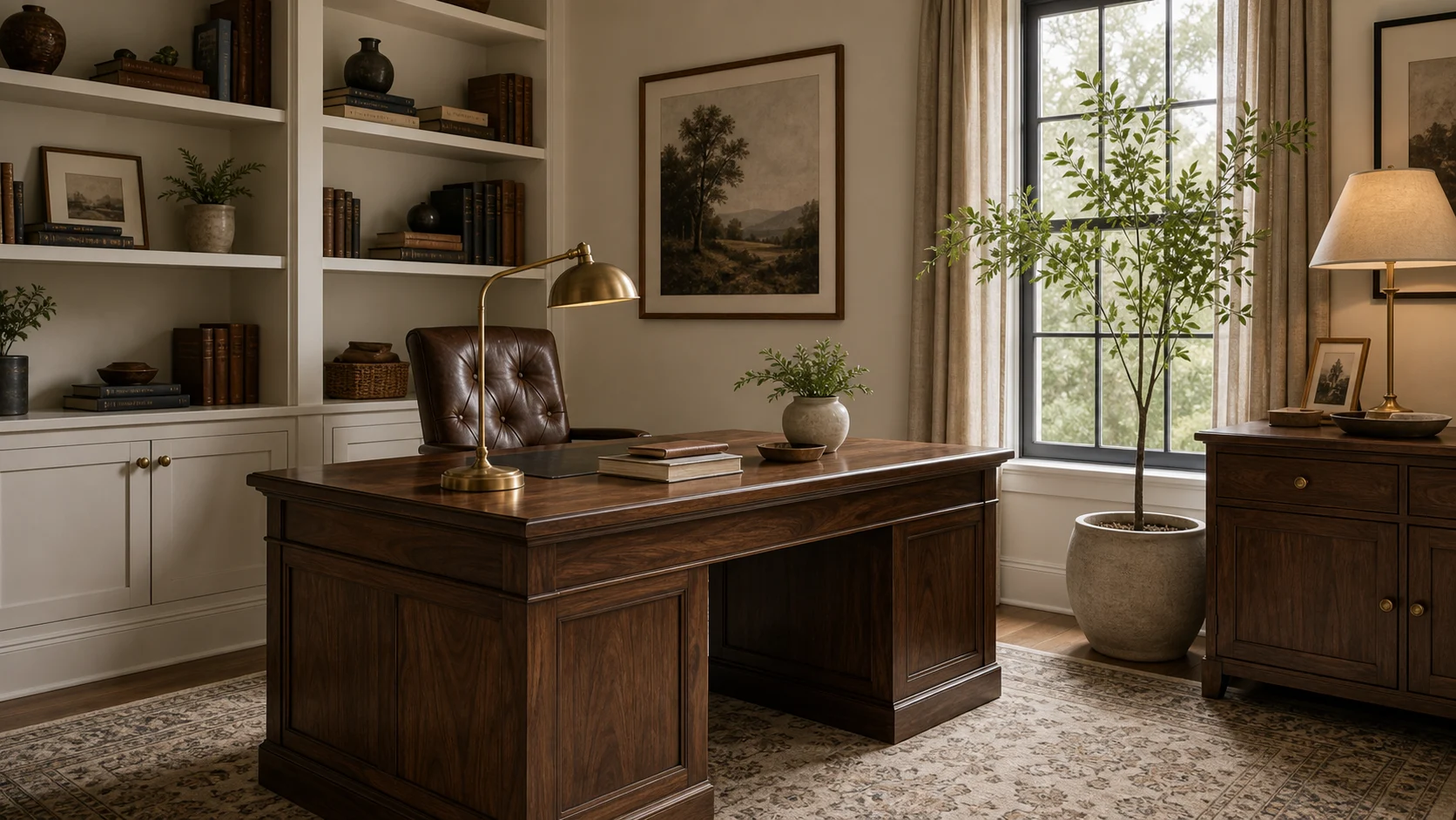 Walnut furniture in a traditional home office