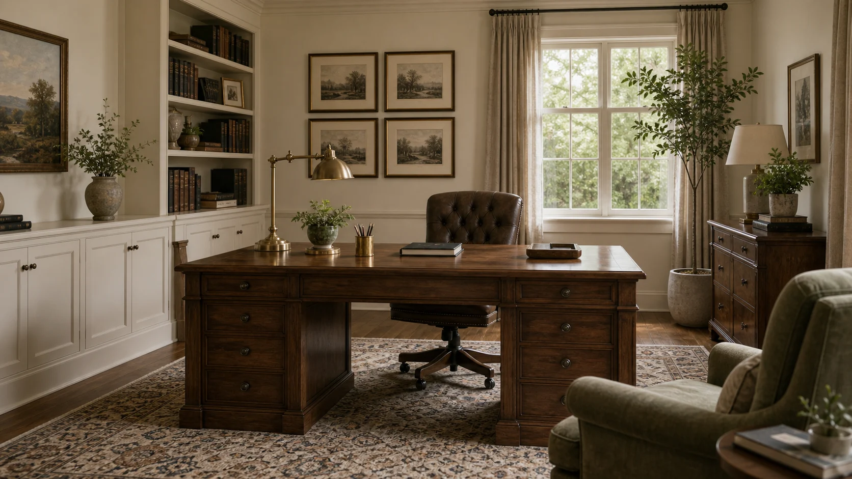 Traditional home office with wood desk and shelves