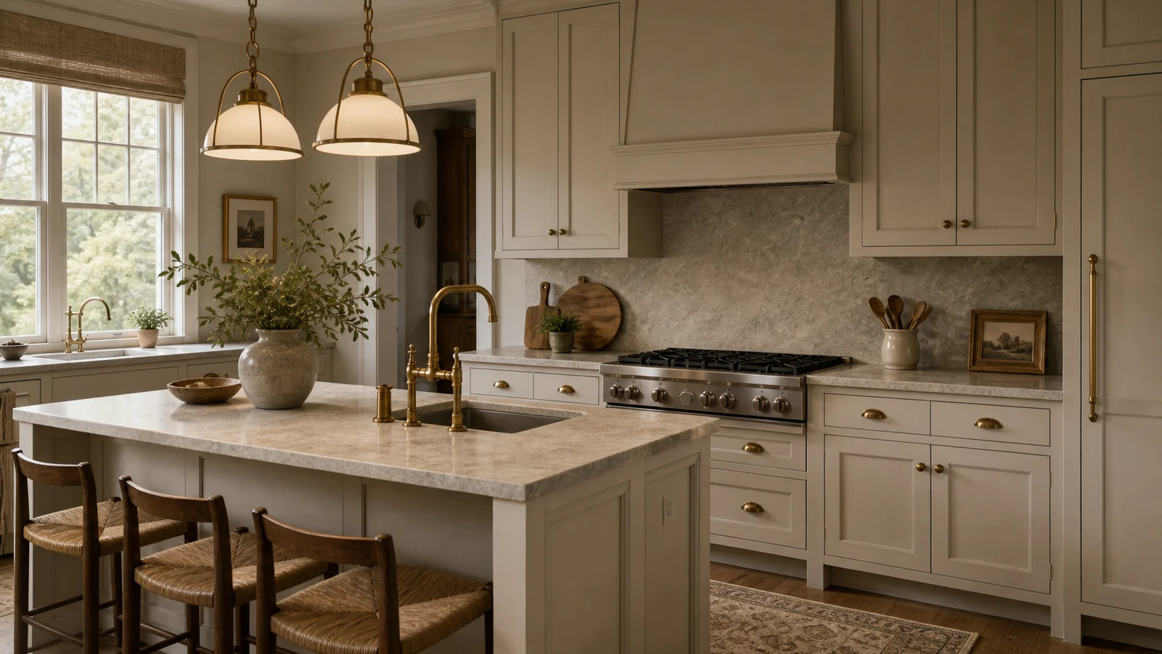 Aged brass hardware for traditional kitchen