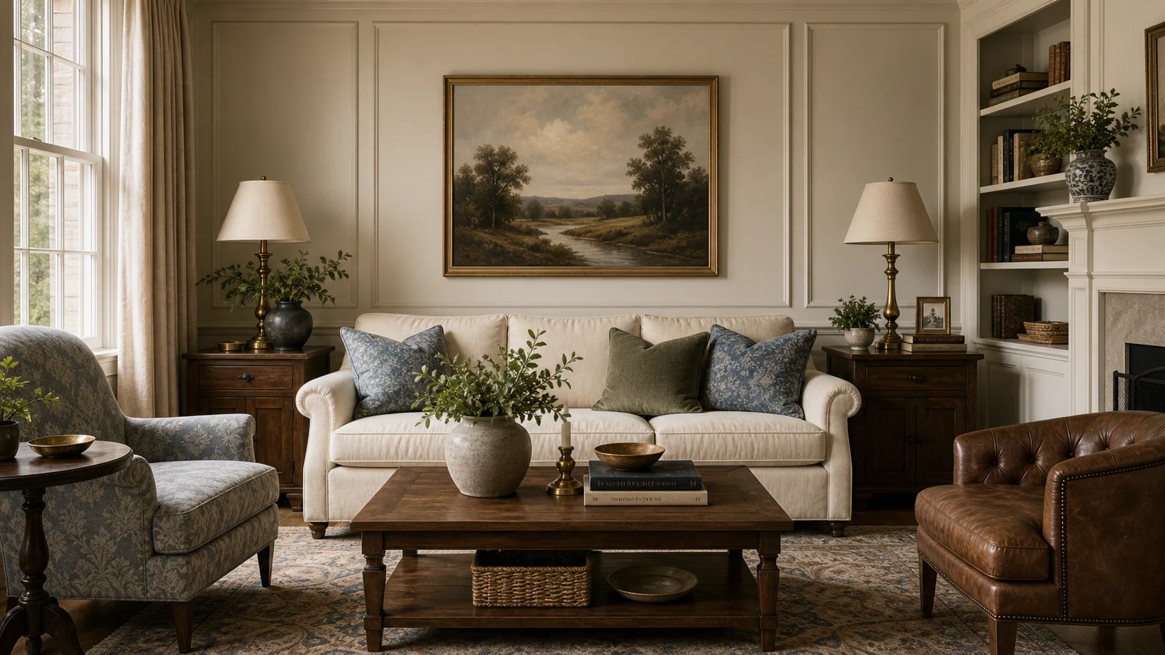 Landscape art layered above a traditional living room sofa