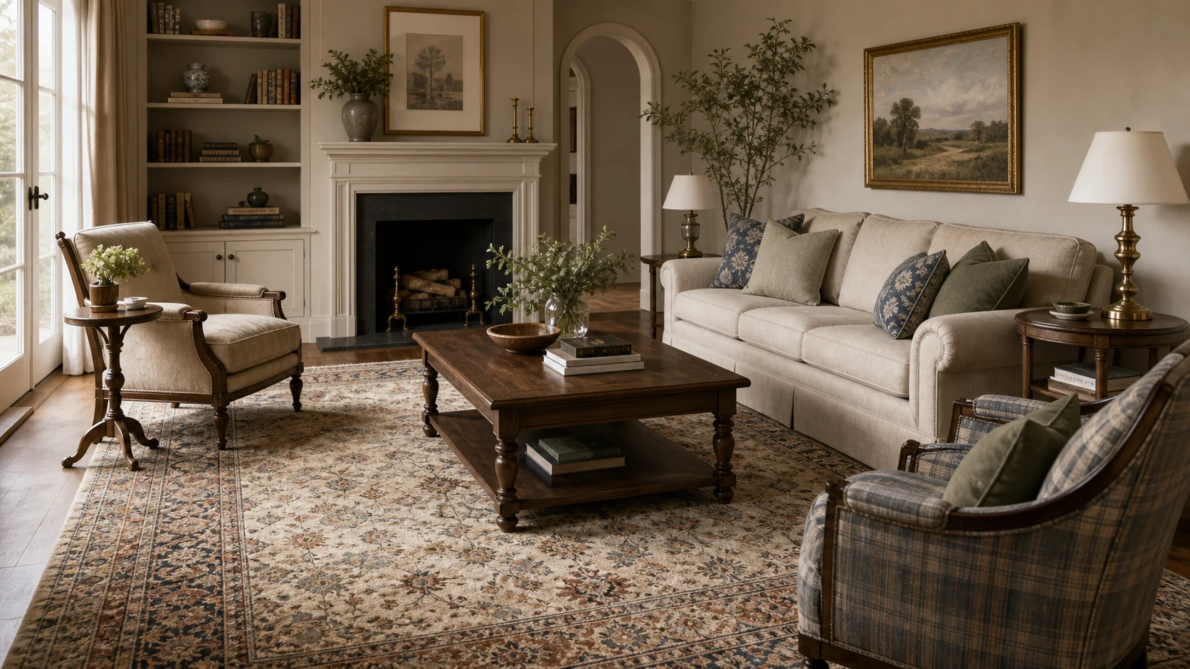 Patterned rug defining a traditional living room seating group
