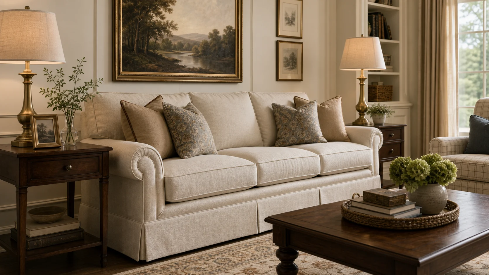 Traditional upholstered sofa anchoring a living room
