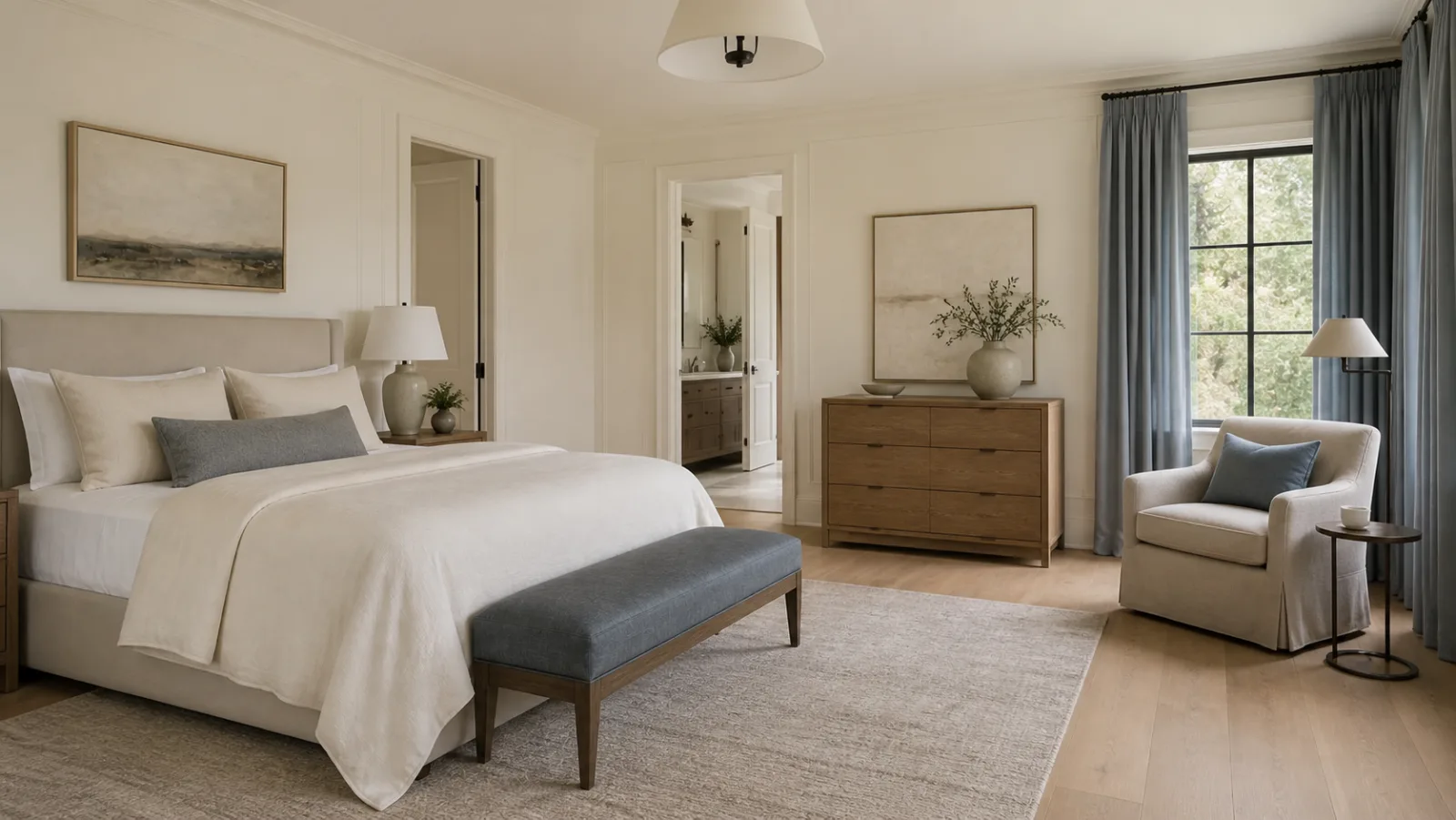 Blue Gray Bench Transitional Bedroom